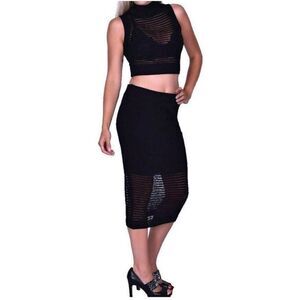 NWT Womens Rohab Semi-Sheer Sweater Knit Midi Pencil Skirt in Black - Sz L